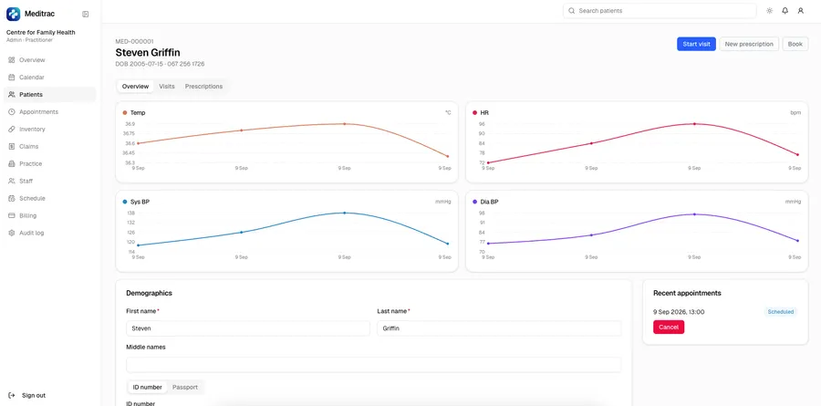 Meditrac electronic patient records and clinical notes workspace for a medical practice